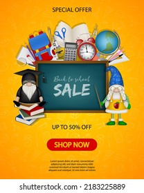 back to school poster with funny gnomes and school supplies. back to school sale background 