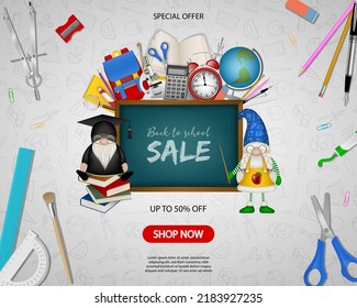 Back to school poster with funny gnomes and school supplies. back to school sale background	