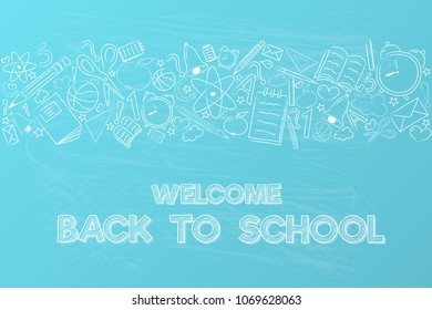 Back to school - poster with funny sketch and text. Vector.