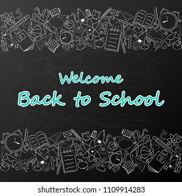 Back to school - poster with funny sketch and text. Vector.