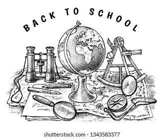 Back to school poster. Geography banner for web. Globe, Binoculars and Map. Vintage outline sketch for emblem, label or badge. Doodle Hand drawn background. Education concept.