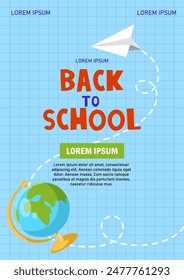 Back to school poster with globe and paper plane on a grid background. Vector illustration