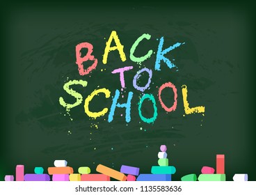 Back to School poster. Green blackboard with color chalk text. Cartoon flat vector illustration isolated.