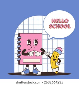 Back to school poster with groovy characters. Retro style notebook and pencil. Funny office supplies, education or work vector card template