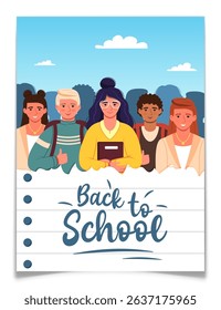 Back to school poster with group of young students. Crowd of various pupils with backpacks and books. Blue ink lettering on notepad paper. Beginning of academic year concept. Flat vector illustration.