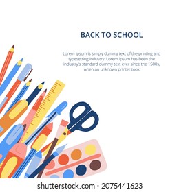 Back to school poster with hand drawn school supplies. Vector illustration with typography.