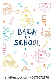 Cartel de regreso a la escuela. Ilustración de niños dibujados a mano con material escolar en estilo doodle. Concepto de educación. Vector