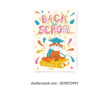 Back to school poster. Hand drawn illustration with a cat, lettering and books. Education concept. Vector on white background