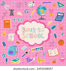 Back to school poster. Hand drawn school supplies. Set of school stationery and education stickers. Design for flyers, advertisements, paper, textiles, fabric, scrapbooking, cards, paper crafts. 