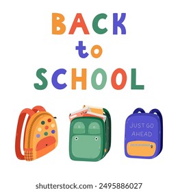 Back To School poster with hand drawn bold lettering and cartoon kids schoolbag. Cute hand drawn student rucksack, bag, backpack for design, postcard, tshirt, social media, banner.