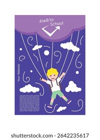 Back to school poster with a Happy boy with a parachute in the sky