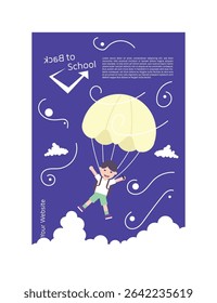 Back to school poster with a Happy boy with a parachute in the sky