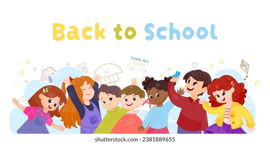 Back to school poster. Happy boys and girls hug each others. Education, learning and training. 1 September international holiday. Cartoon flat vector illustration isolated on white background