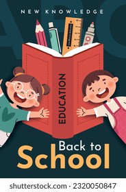 Back to School. School poster with happy children and book. Elements and objects on school themes, vertical flat background.