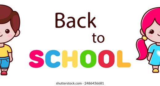 Back to school poster. Happy children. Cartoon characters boy and girl. Vector illustration.