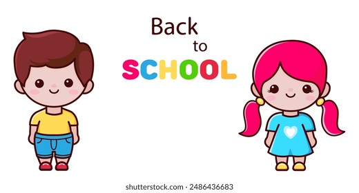 Back to school poster. Happy children. Cartoon characters boy and girl. Vector illustration.