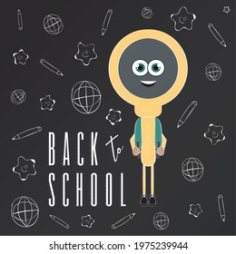Back to school poster with a happy magnifying glass
