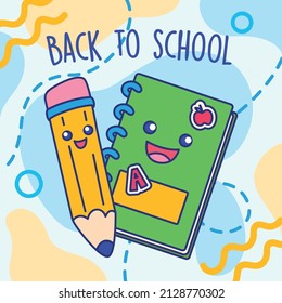 Back to school poster happy pen and book characters Vector