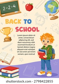 Back to school poster with happy schoolboy, books and education supplies. School banner template for classroom activities, learning materials. Vector hand drawn cartoon illustration for your design