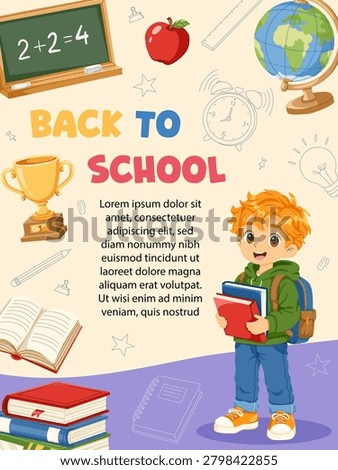 Back to school poster with happy schoolboy, books and education supplies. School banner template for classroom activities, learning materials. Vector hand drawn cartoon illustration for your design