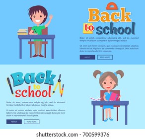 Back to school poster with inscription with compass divider and pencil, ballpoint pen, protractor. Vector illustration of boy and girl sitting at desks