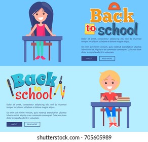 Back to school poster with inscription with compass divider and pencil, ballpoint pen web banners. Vector illustration of boy and girl sitting at desks