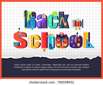 Back to school poster with inscription made of stationery objects, chemical flasks, paint brushes pens and pencils vector on checkered background