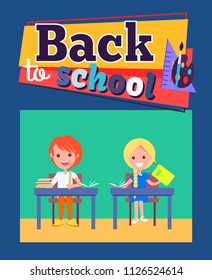 Back to school poster with inscription with palette of paints, triangular ruler and brush. Vector illustration of boy and girl sitting at desks during lessons