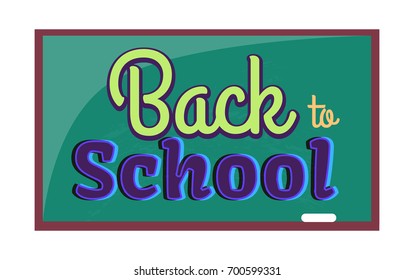 Back to school poster with inscription written on blackboard with chalk. Green chalkboard hanging on wall vector illustration
