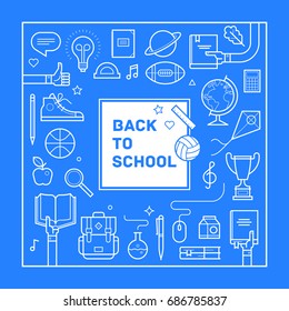 Back to school poster or invitation design in trendy linear style. Set of different school supplies. Vector illustration.