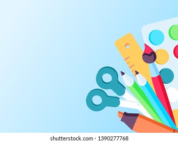 Back to School Poster with School Items in a Background. Editable Vector Illustration. school supplies set. pens, brush, scissors, ruler, watercolor, marker. Office and student objects set