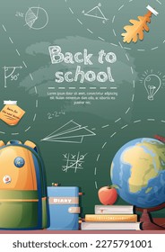 Back to school poster with school items and elements. Background with drawings drawn in chalk on a school blackboard.