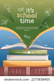 Back to school poster with school items and elements. Colorful background with textbooks and books. Flyer banner, postcard for the new school year
