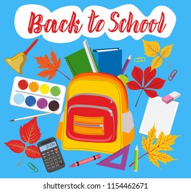 Back to school poster. Kids school backpack with education equipment vector illustration
