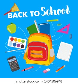 Back to school poster. Kids school backpack with education equipment vector illustration