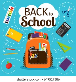 Back to school poster. Kids school backpack with education equipment vector illustration