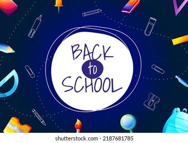 Back to school poster for kids with line art and cartoon supplies on the background. Cartoon vector illustration