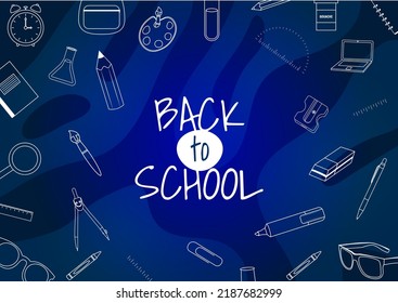Back to school poster for kids with line art supplies on the background. Doodle style.