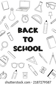 Back To School Poster For Kids. School Supplies In Line Art Style. Vector Illustration