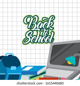 back to school poster with laptop and supplies vector illustration design