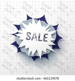 Back to school poster with letters made from halftone dots, vintage style sale design layout, cartoon explosion in pop-art style on notebook paper, vector illustration.