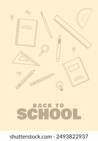 Back to school poster. Minimalist design with school supplies, stationery doodle. Vector illustration. 
