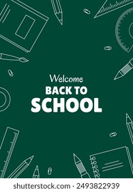 Back to school poster. Minimalist design with school supplies, stationery doodle. Vector illustration. 