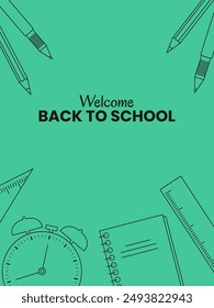 Back to school poster. Minimalist design with school supplies, stationery doodle. Vector illustration. 