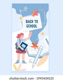 Back to school poster for mobile onboarding page with school girl character, cartoon vector illustration. App interface or banner, flyer design.