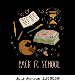 Back to school poster. Mystery party invitation. Witchcraft banner, magical school. Meeting of graduation party high school students. School items, books stationary cat. Education vector illustration.