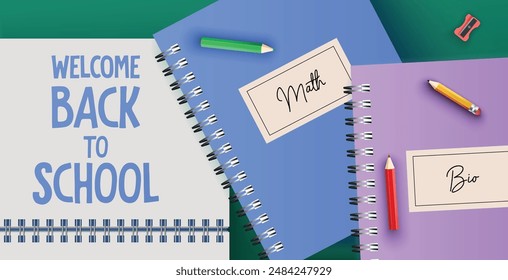 Back to School poster with notebook and crayons on yellow background and colorful typography. Vector illustration for banner, template, poster, flyer, brochure, greeting text, social media, website