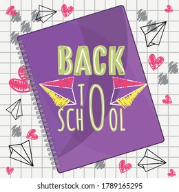 Back to school poster. Notebook with paper planes - Vector