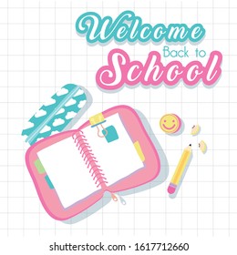 back to school poster with notebook and pencil vector illustration design