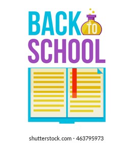 Back to school poster with open book, flat style vector illustration isolated on white background. Start of school season concept, poster card design with book as a symbol of educational process